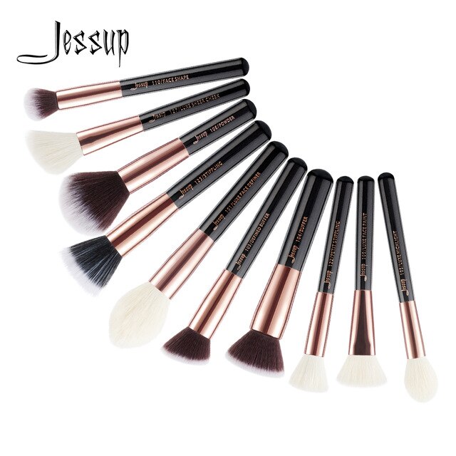 Jessup brushes 10pcs Black/Silver Face Makeup brushes set beauty Cosmetic Make up brush Contour Powder blush