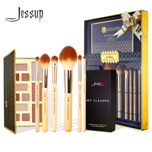 Jessup 6pcs Bamboo Professional Makeup brushes Eyeshadow set Powder highlighter brush cleaner sponge&12 color Eyeshadow Palette