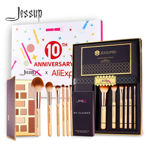 Jessup Makeup kit Gift Combo For Daily Use include 6pcs Bamboo brush set & Eyeshadow Palette & Brush Cleaner Paper Bag handle