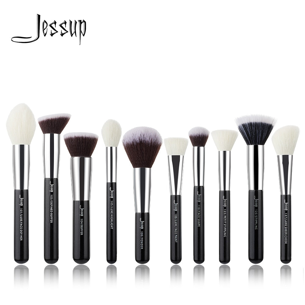Jessup brushes 10pcs Black/Silver Face Makeup brushes set beauty Cosmetic Make up brush Contour Powder blush